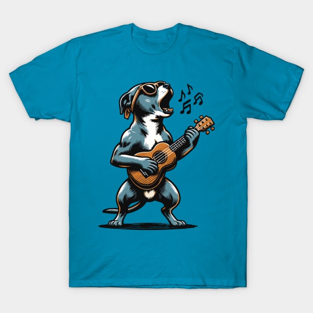 Dog Playing Guitar Sing Staffordshire Terrier Staffie Funny T-Shirt by BraaiNinja